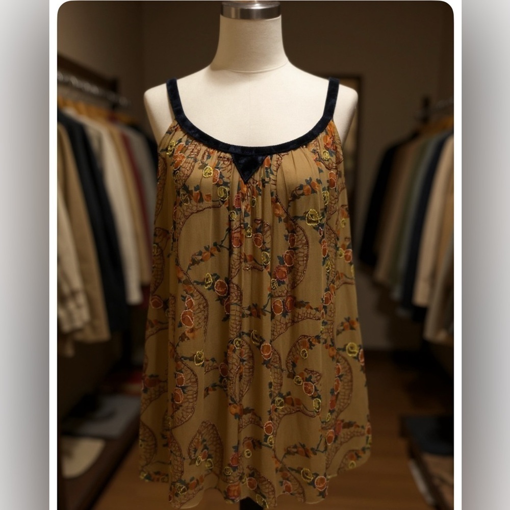 Beaded Floral Dress with Blue Velvet Trim